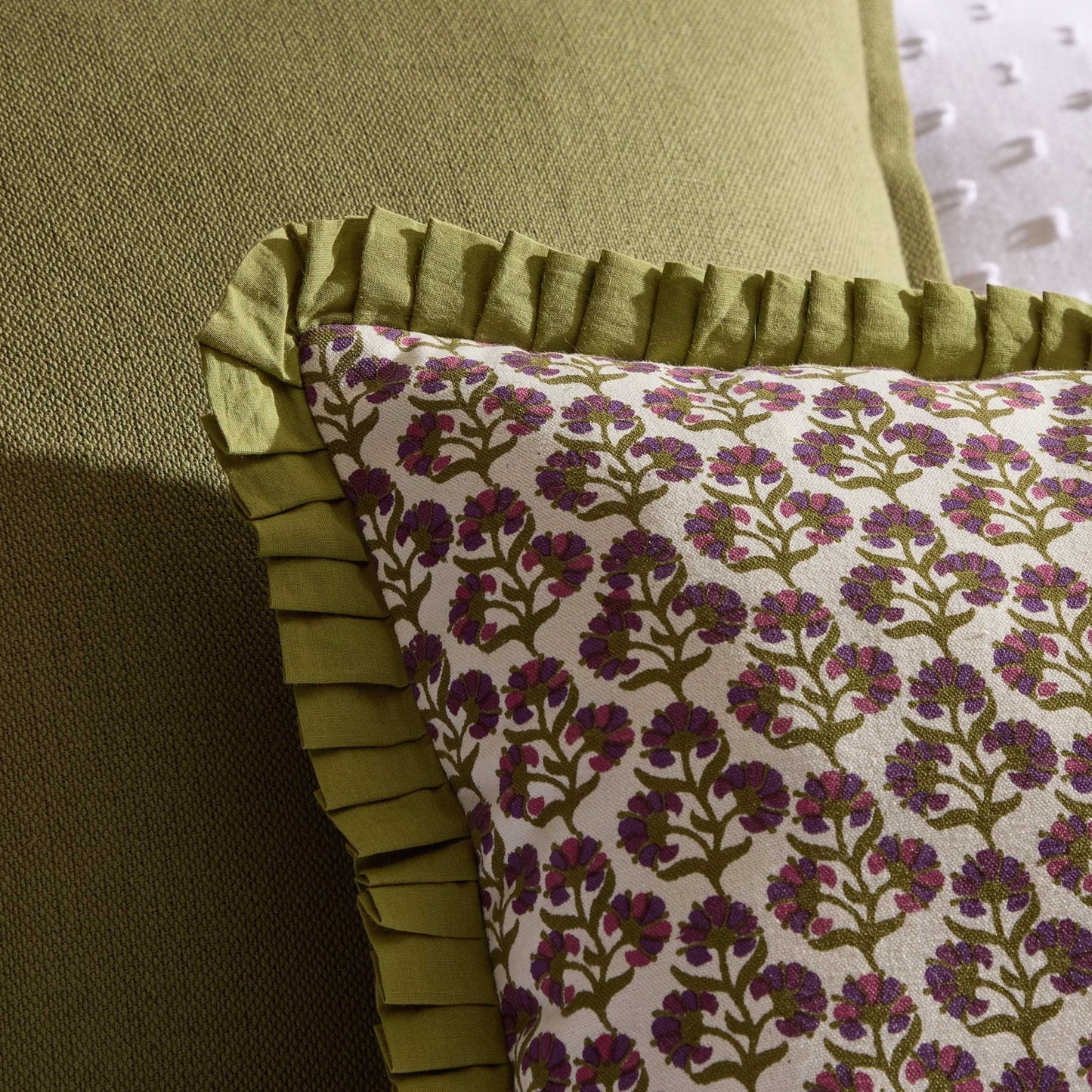 Julia 100% Cotton Box Pleat Edge Printed Cushion Cover - Purple/Green