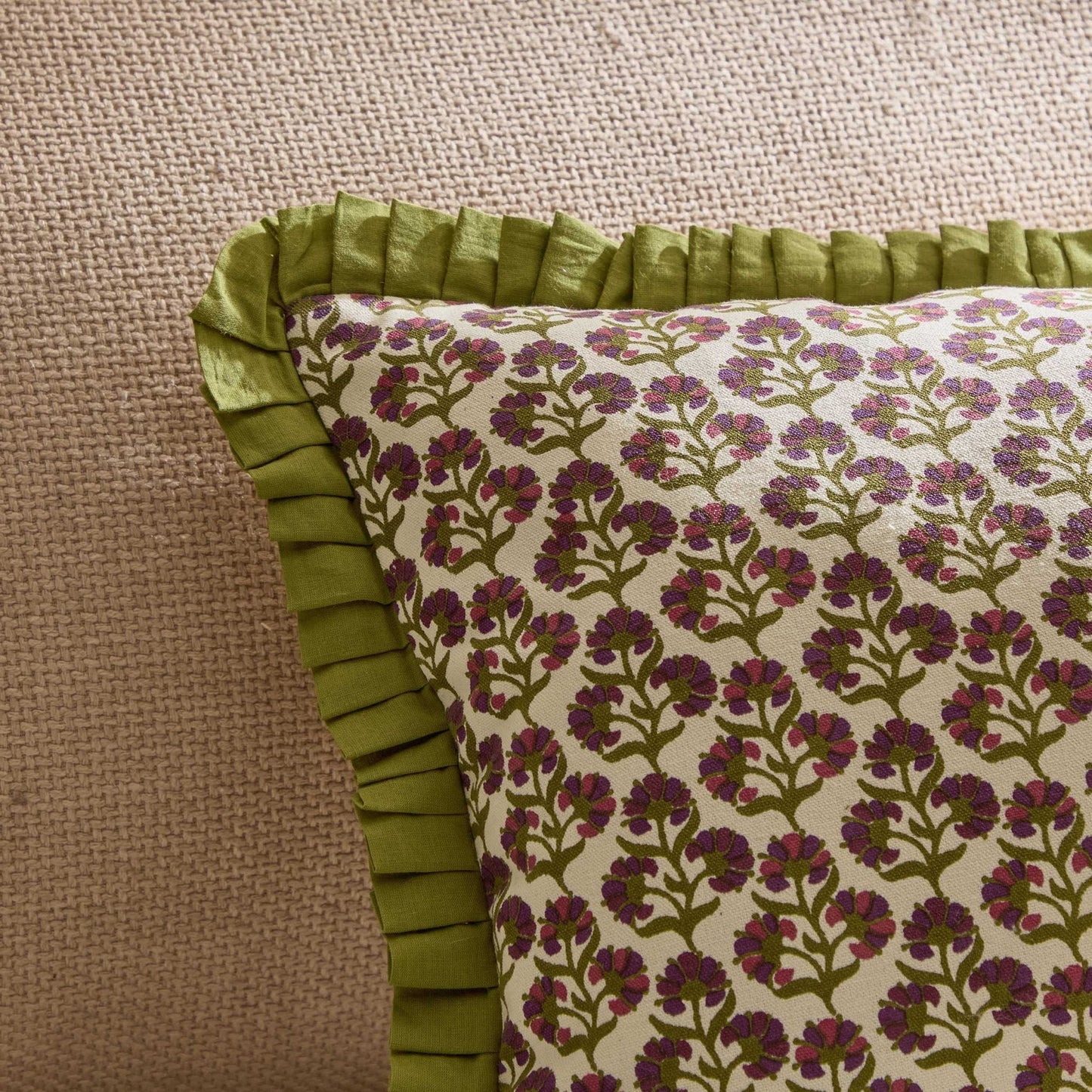 Julia 100% Cotton Box Pleat Edge Printed Sofa Cushion Cover - Purple/Green